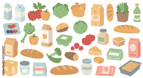 Colorful groceries assortment with dairy, bread, vegetables, and packaged goods