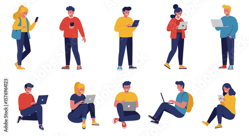 Diverse characters using devices in modern flat style