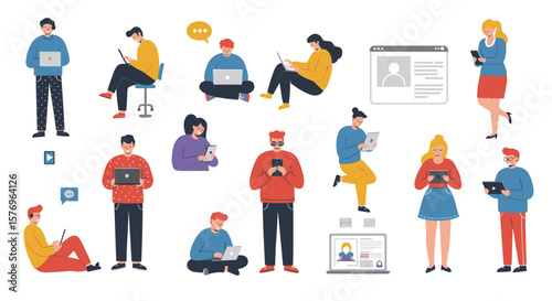 Flat design of diverse people engaged with technology in various poses