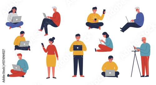 Diverse people using technology devices in casual settings