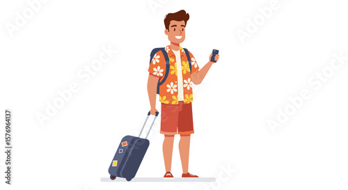 Smiling traveler in floral shirt holding phone with luggage on white background
