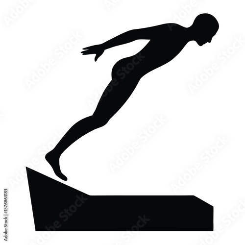 Silhouette of a person diving gracefully from a platform in a minimalistic monochrome illustration
