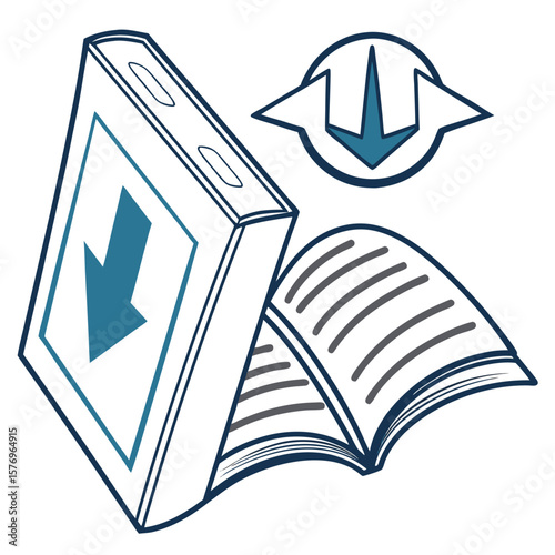 Downloading Digital Books: An artistic rendering showcases a stack of digital book with an open digital book, marked with a directional arrow symbol, representing the ease of accessing knowledge.