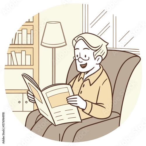 Man Reads Magazine in Armchair: A middle-aged man wearing glasses sits comfortably in an armchair, engrossed in reading a magazine in his cozy home setting.