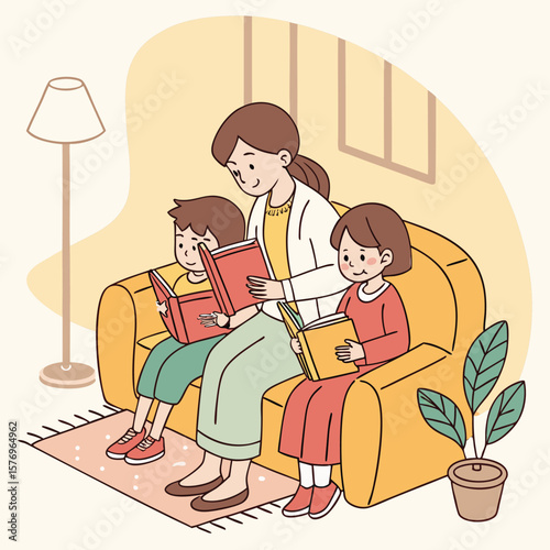 Cozy Storytime: A heartwarming illustration captures a mother engrossed in reading with her children in a homey living room, creating an atmosphere of love and learning.