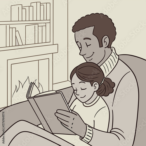 Cozy Reading Nook: A father and daughter share a heartwarming moment of connection as they read a book together, the soft glow of a fireplace enhancing the intimate atmosphere and quiet joy.