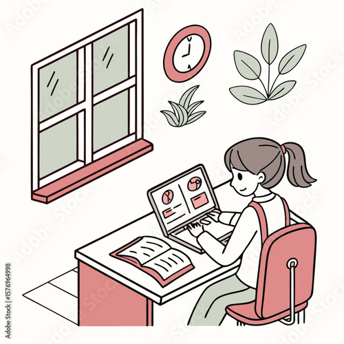 Working at home: A woman at home studying or working online at her desk. Surrounded by homey objects such as a book, clock, and plant. She's illuminated by window.