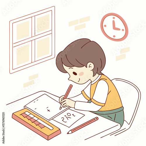 Young Learner's Study Corner: A diligent child studies earnestly at a desk, surrounded by study essentials, in a warm, inviting room.