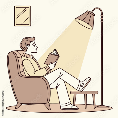 Solitude and literary escape: A man in the tranquility of his room, absorbed in the pages of a good book, bathed in the soft glow of lamplight, finds solace.