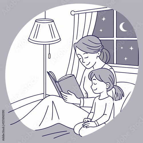 Cozy Nighttime Story: A heartwarming scene of a mother sharing a bedtime story with her child, fostering a sense of comfort and the love of reading within a serene bedroom setting.