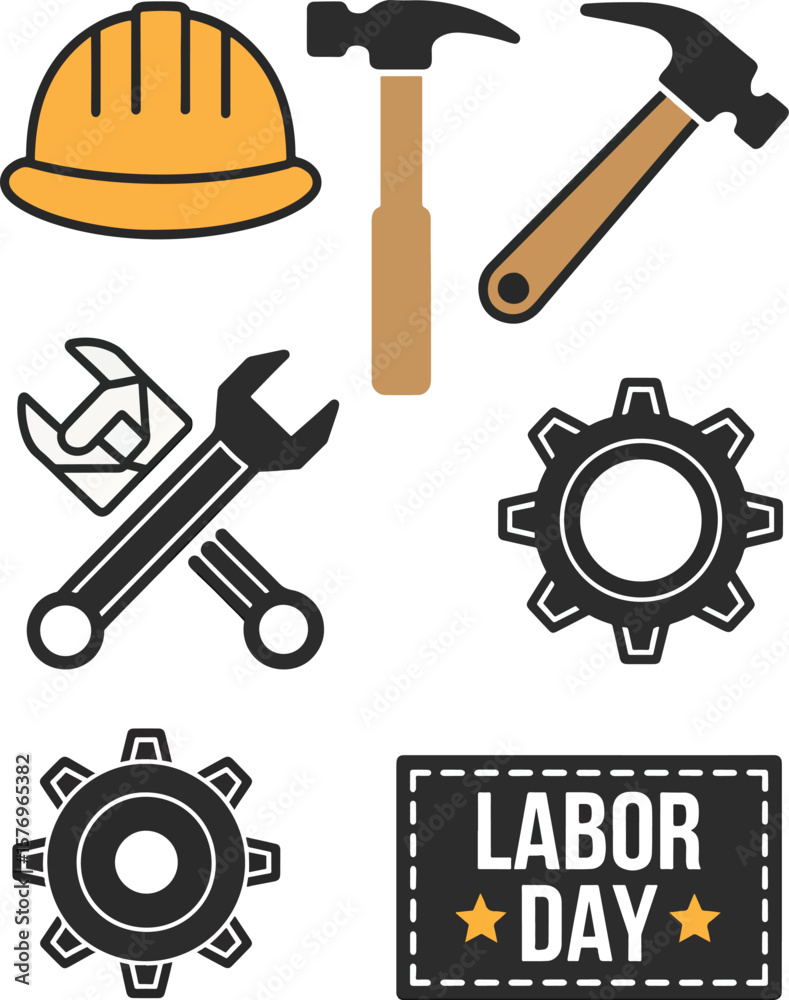 Fototapeta premium Labor Day Tools and Worker Symbol Icons Set with Gear, Hammer, Helmet, Wrench on White Background