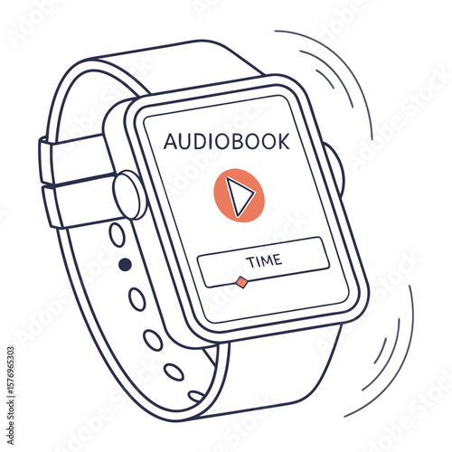 Audiobook on Smartwatch: A sleek smartwatch displaying an audiobook app interface, featuring a play button and a timer, set against a pristine background.