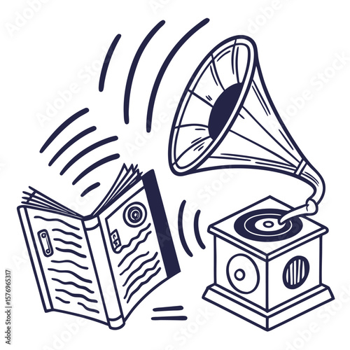 Vintage Gramophone and Book: A nostalgic illustration featuring a vintage gramophone and an open book, symbolizing the timeless appeal of music and literature.