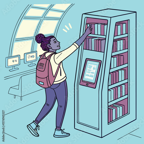 Library Access: A student explores modern technology and literature within a contemporary library setting, selecting from a shelf. Capturing the essence of knowledge and educational pursuit.