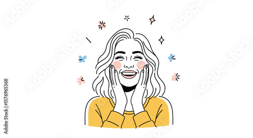 A cheerful woman with waves in her hair smiling widely and touching her face with joy