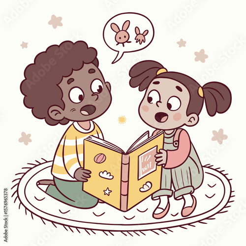 Reading Story Time: Two young, diverse children are engrossed in a magical world as they read a colorful book. Capturing the wonder of imagination and the joy of storytelling.