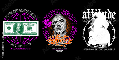 Urban Graphic Designs: Edgy graphics showcase a mix of monetary ambition and rebellious attitude, set against a background of dark mystery.