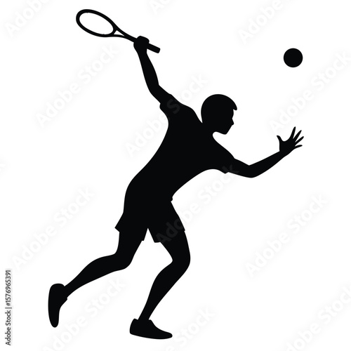 Silhouette of a tennis player in action preparing to serve a tennis ball on white background