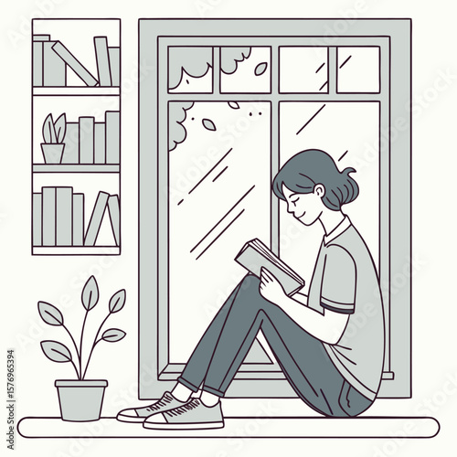 Solitude and Reading Nook: A person delves into the enchanting pages of a book while comfortably perched on a windowsill, creating a tranquil space for contemplation and learning.