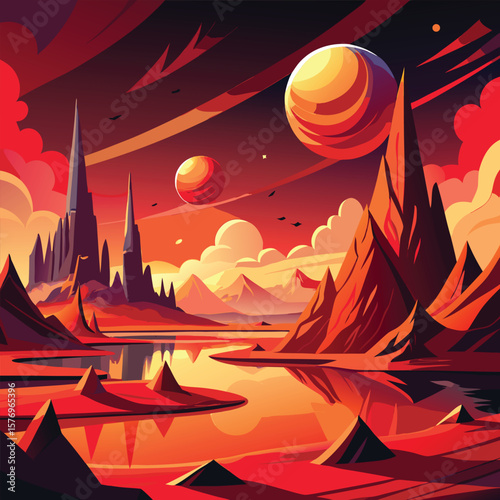 Alien world fiery sky planets alien landscape red sky