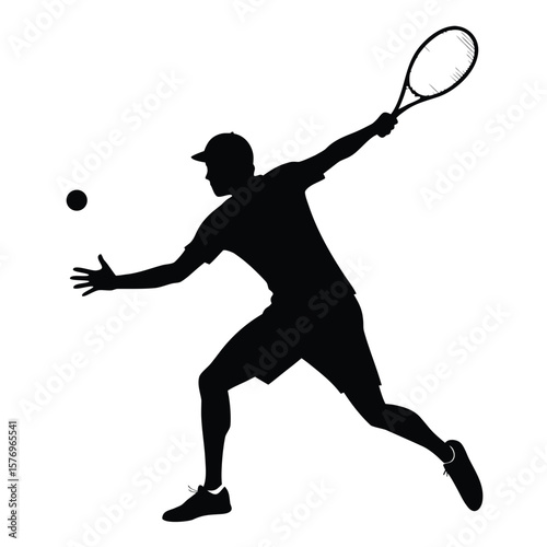 Silhouette of a tennis player serving a ball while playing the sport in a fast motion action