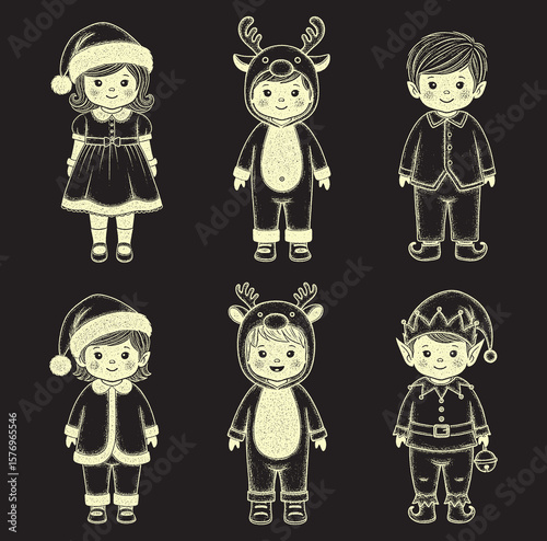 Hand-drawn chalk-style illustrations of adorable children in various Christmas costumes including Santa, reindeer, and elf outfits