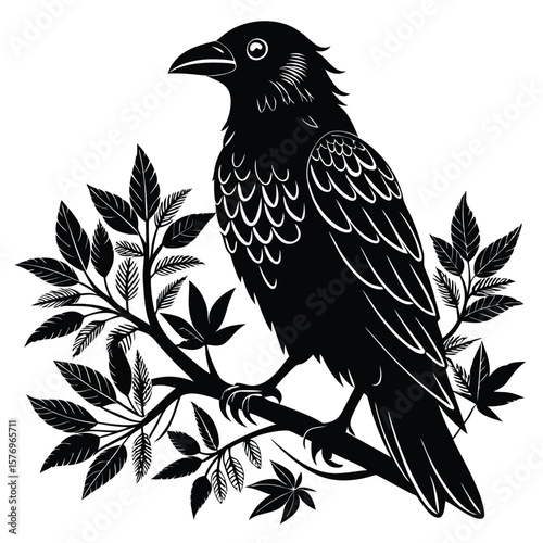 Black raven perched on leafy branch bird silhouette