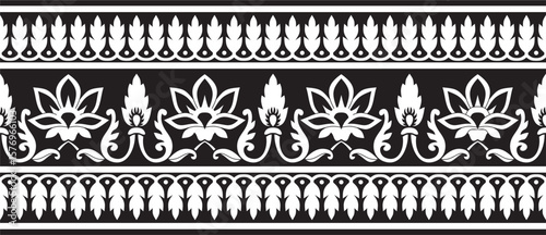 Vector seamless monochrome black Indian national ornament. Ethnic endless plant border. Flowers frame. Poppies and leaves.
