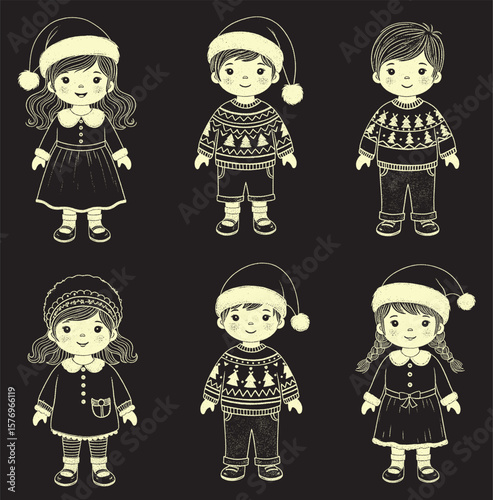 Hand-drawn illustrations of cute children dressed in various festive Christmas outfits, including Santa hats and holiday sweaters