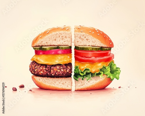 Handcrafted plant-based burger sliced in half revealing colorful layers, pastel minimalistic illustration