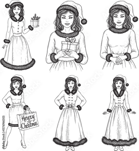  Hand-drawn illustrations of women dressed in Santa-inspired outfits, holding gifts or a "Merry Christmas" shopping bag