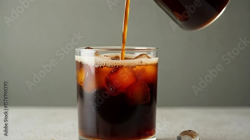 Watch rich cold brew iced coffee gracefully pour over ice, creating mesmerizing dark liquid swirls and bubbles against a calming neutral backdrop in smooth slow motion.