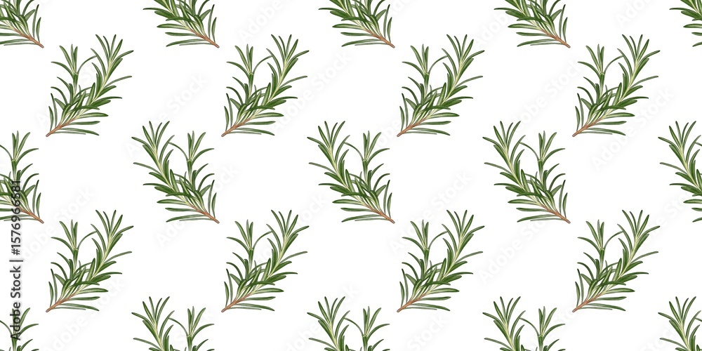 Fototapeta premium Beautiful rosemary branches arranged in a seamless pattern on a white background for home decor or culinary design