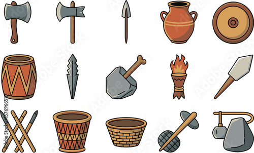 Cartoon Primitive Tools and Weapons Collection on White Background