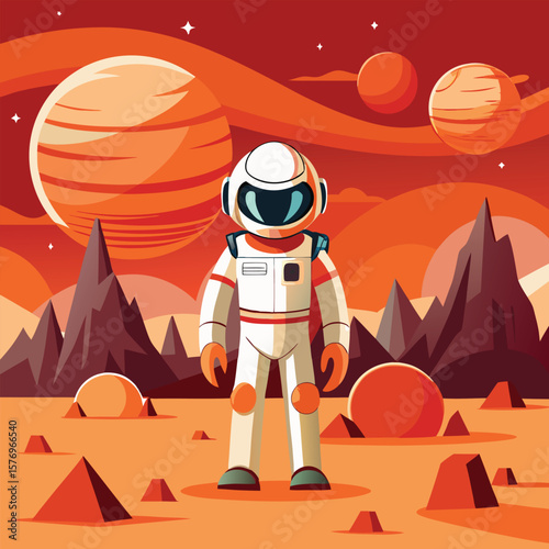 Cartoon astronaut on alien planet space exploration