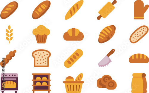 Flat Illustration of Bakery Items Including Bread, Oven, and Basket