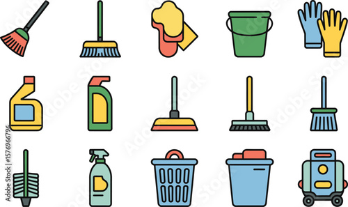 Cleaning Supplies Icons Set Broom Mop Bucket Gloves Spray Bottle