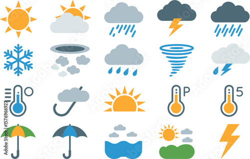 Weather Icons Set Sun Rain Snow Storm Temperature Umbrella