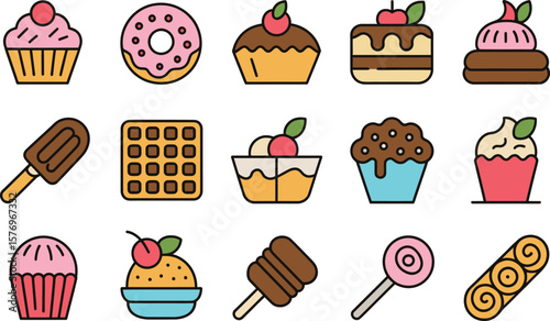 Assortment of Colorful Illustrated Desserts Including Cupcakes Donuts and Ice Cream
