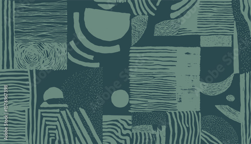 Abstract pattern with hand drawn lines, shapes, and textures in deep forest green and sage. Earthy yet modern, perfect for fabric, stationery, or packaging design.