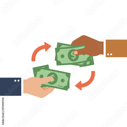 Two diverse hands are engaged in a dynamic financial transaction, exchanging green banknotes within a conceptual illustration of money flow and commerce.