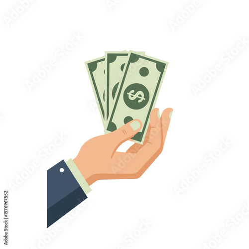 A hand holding several US dollar bills, offering payment or donation.