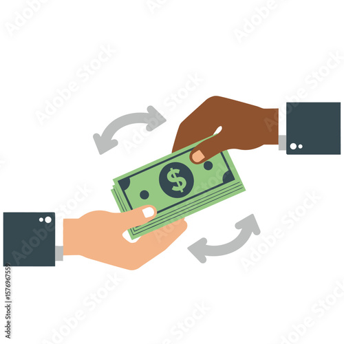 An illustration depicts an exchange of money between two people, symbolizing business transactions, financial transfers, or the act of giving and receiving funds in a commercial setting.