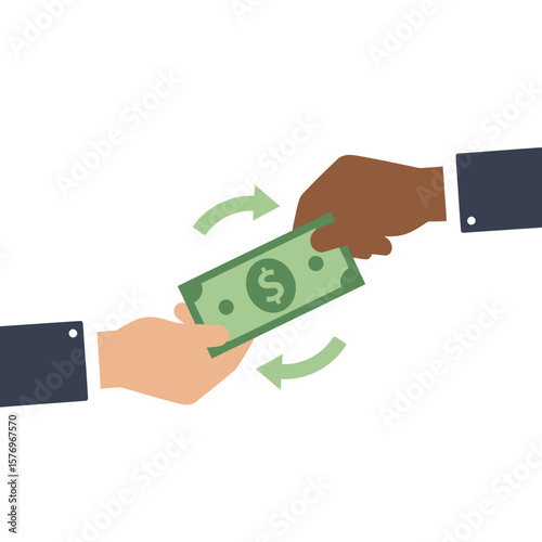 One person's hand passes a green dollar bill to another person's hand, symbolizing a transaction or payment.