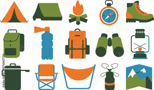 Camping  Illustration: Tents, Backpacks, Compass, Boots, Bonfire, and More