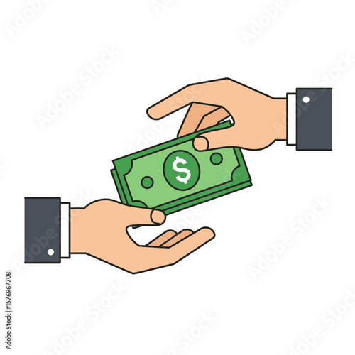 A vector illustration depicts two hands exchanging a stack of green dollar bills, symbolizing a financial transaction or the act of giving and receiving money.
