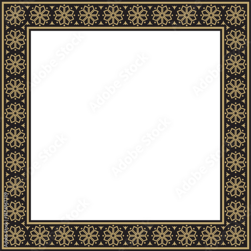 Vector square gold and black ancient Russian ornament. Slavic rectangle, border, frame. Painting of the royal chambers.

