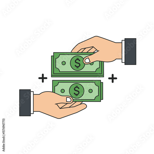 Two hands exchanging stacks of US dollar bills, symbolizing financial transactions, payments, and wealth transfer in a simple graphic style.