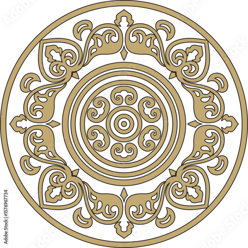 Vector round gold and black ancient Russian ornament. Slavic border, frame. Circle, ring. Painting of the royal chambers.
