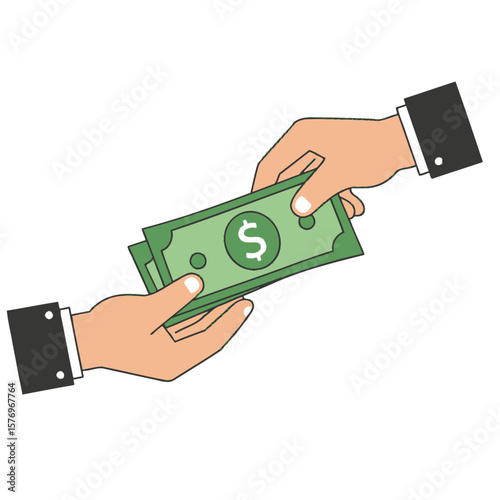 An illustration depicts two hands exchanging money, symbolizing a financial transaction, payment, or the concept of earning and spending currency in a business setting.